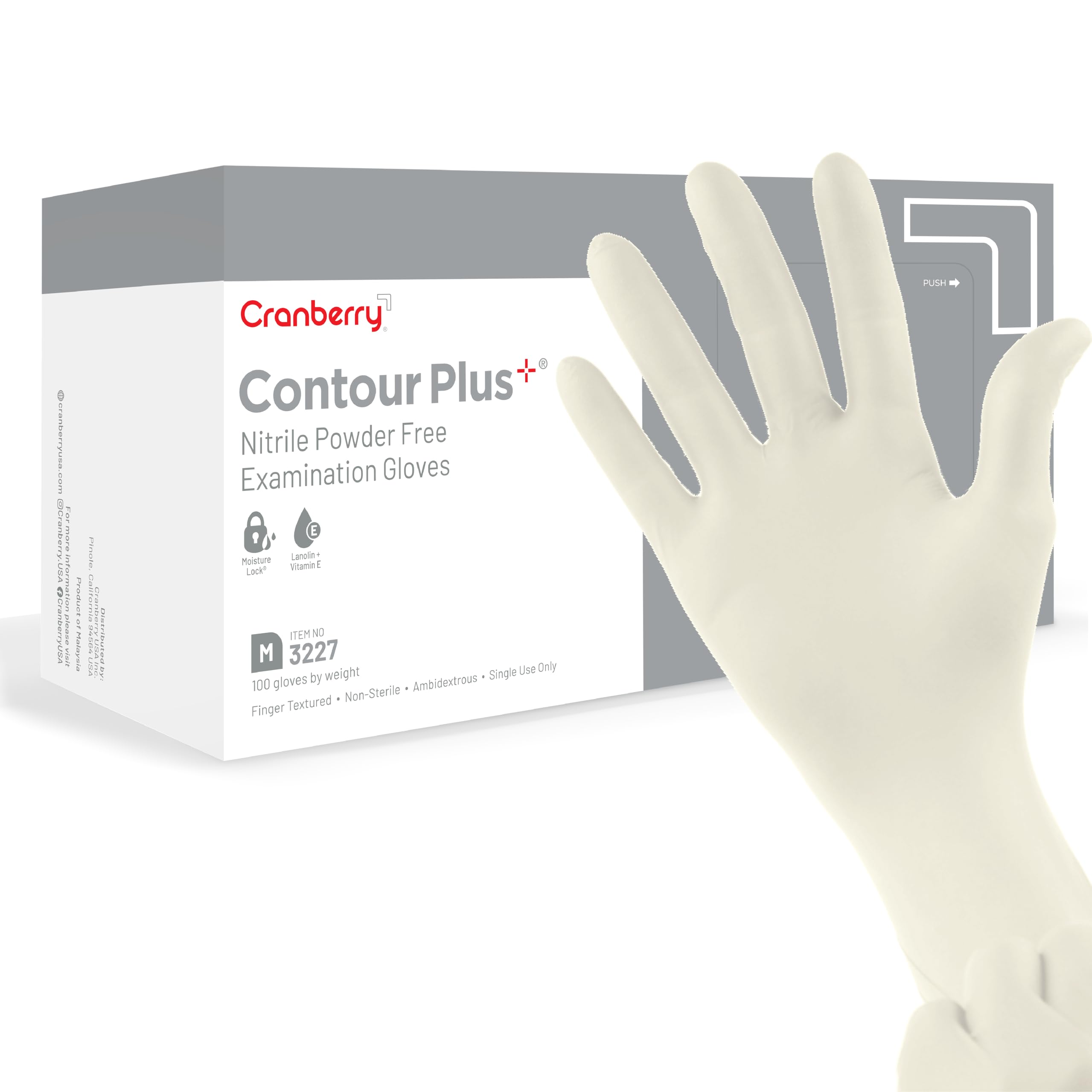 Cranberry USA Cranberry Contour Plus White Nitrile Exam Gloves, Pack of 100, Medium, Lanolin & Vitamin E, 3.0 Mil