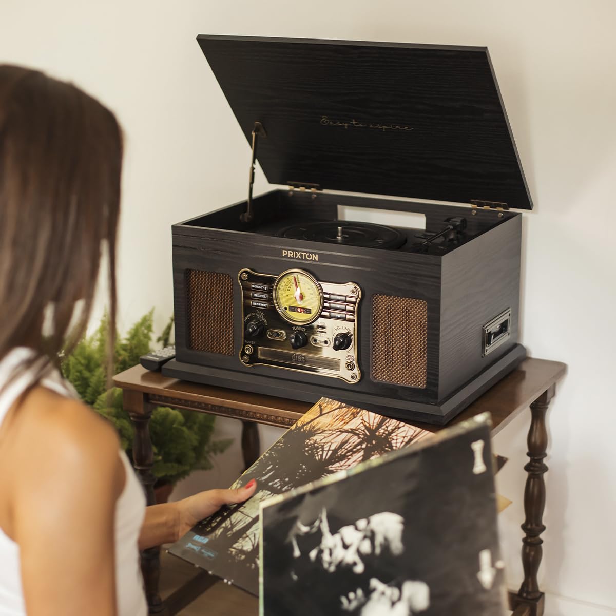 PRIXTON Platine Vinyle Century, Tourne-Disque Vintage avec Bluetooth, Lecteur et Convertisseur des vinyles/CD/Cassete/USB/MPS/Radio FM, 2 Haut-parleurs, Couleur Noir