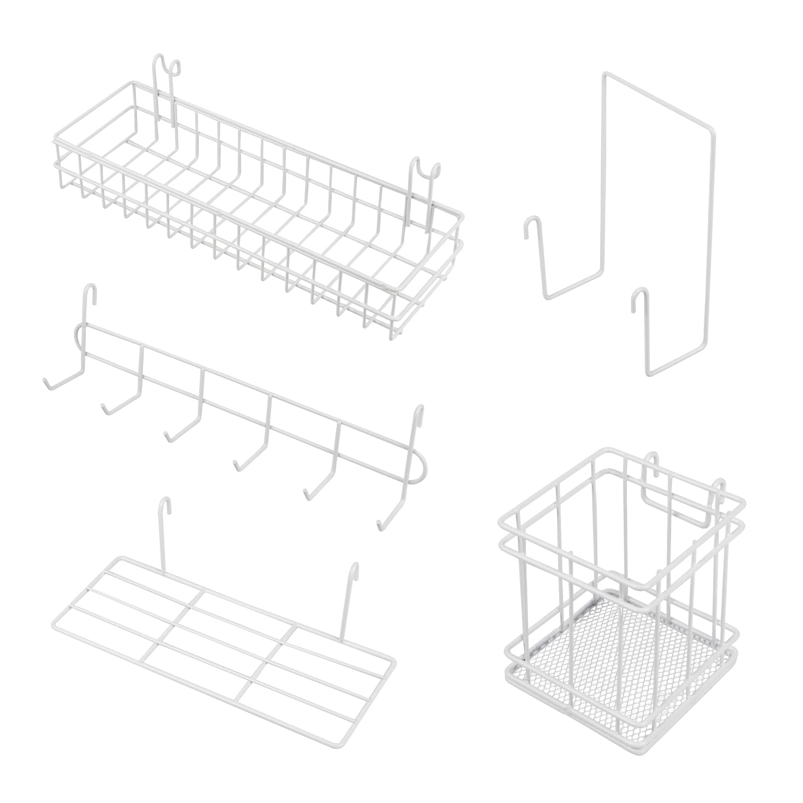 DBREAKS 5 x Hanging Baskets Hanging Shelf & Hook Rack, Pen Holder, Bookshelf, White Wall Grid Accessories for Grid Wall Field, Grid Wall Storage Space for Grid Photo Wall