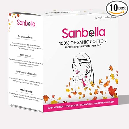 Sanbella Rash-free Organic Cotton Sanitary pads , 10 Night pads (XXL)