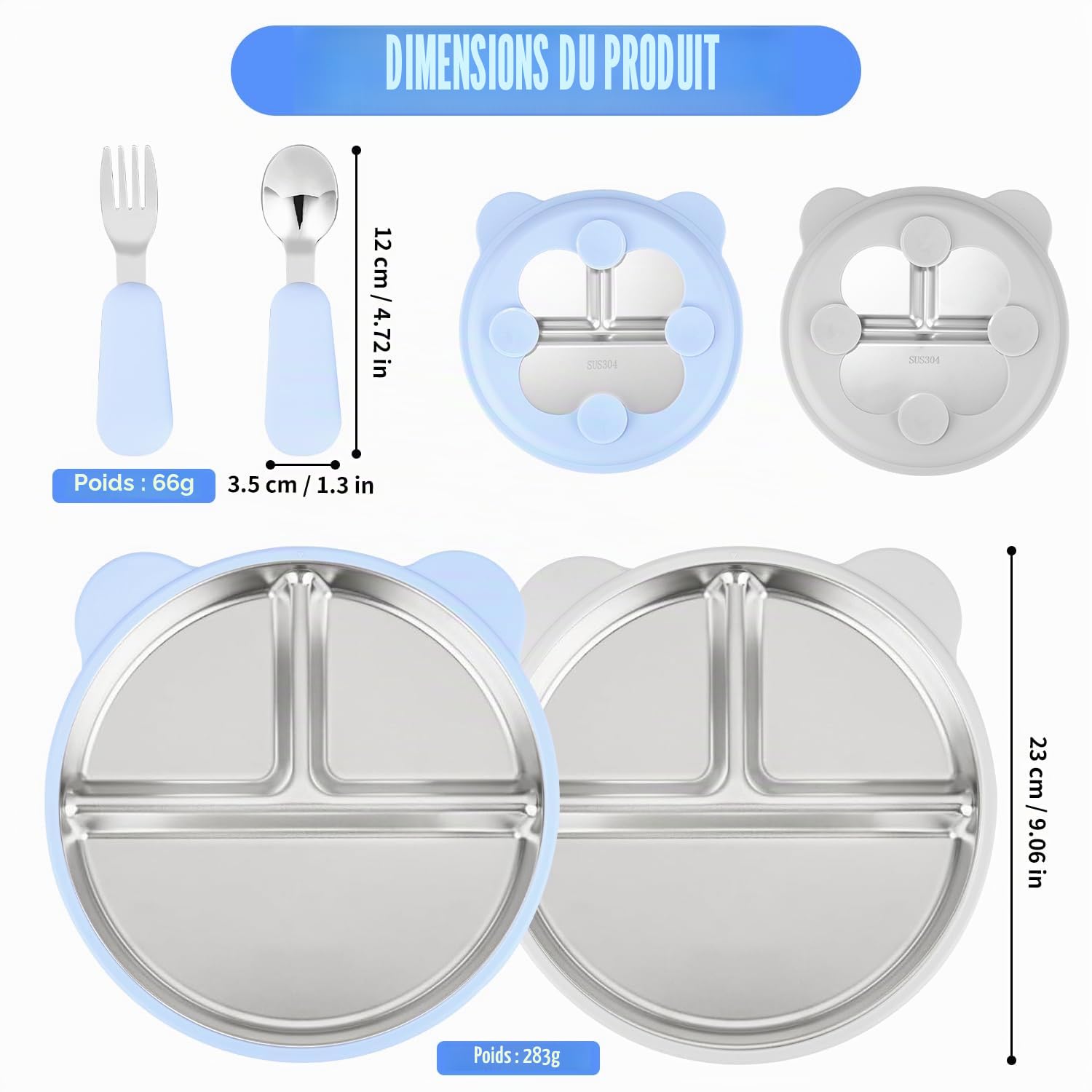 2 pièces Assiette Ventouse pour bébé Acier Inoxydable, Ustensiles Pour Bébé avec 2 Cuillères Et Fourchettes, Oreilles de Chat Compartiment Bebe, Assiette inox enfant Lavable au lave - vaissel