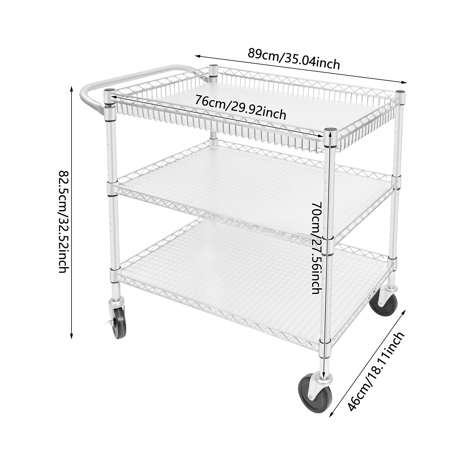 Carrello di servizio in acciaio al carbonio, 3 livelli, 4 ruote girevoli (2 con freni), capacità 150 kg per scaffale, vassoi in PP regolabili, per cucina, hotel e casa