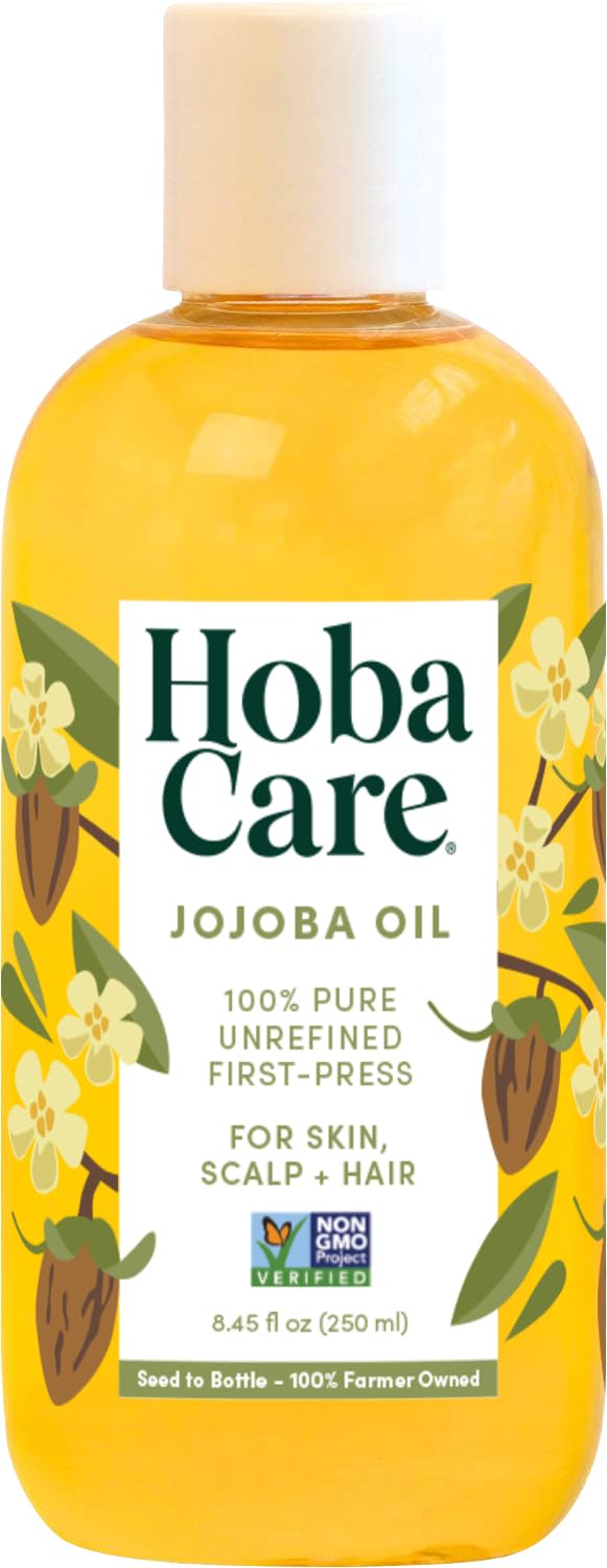HobaCare Jojoba Oil for Hair, Skin, Face, Body, Scalp, Nails, Beard Care, Massage β 100% Pure Unrefined Natural Carrier Oil β Moisturizing, Vegan, Cruelty-Free, Hexane Free (8.45 oz)