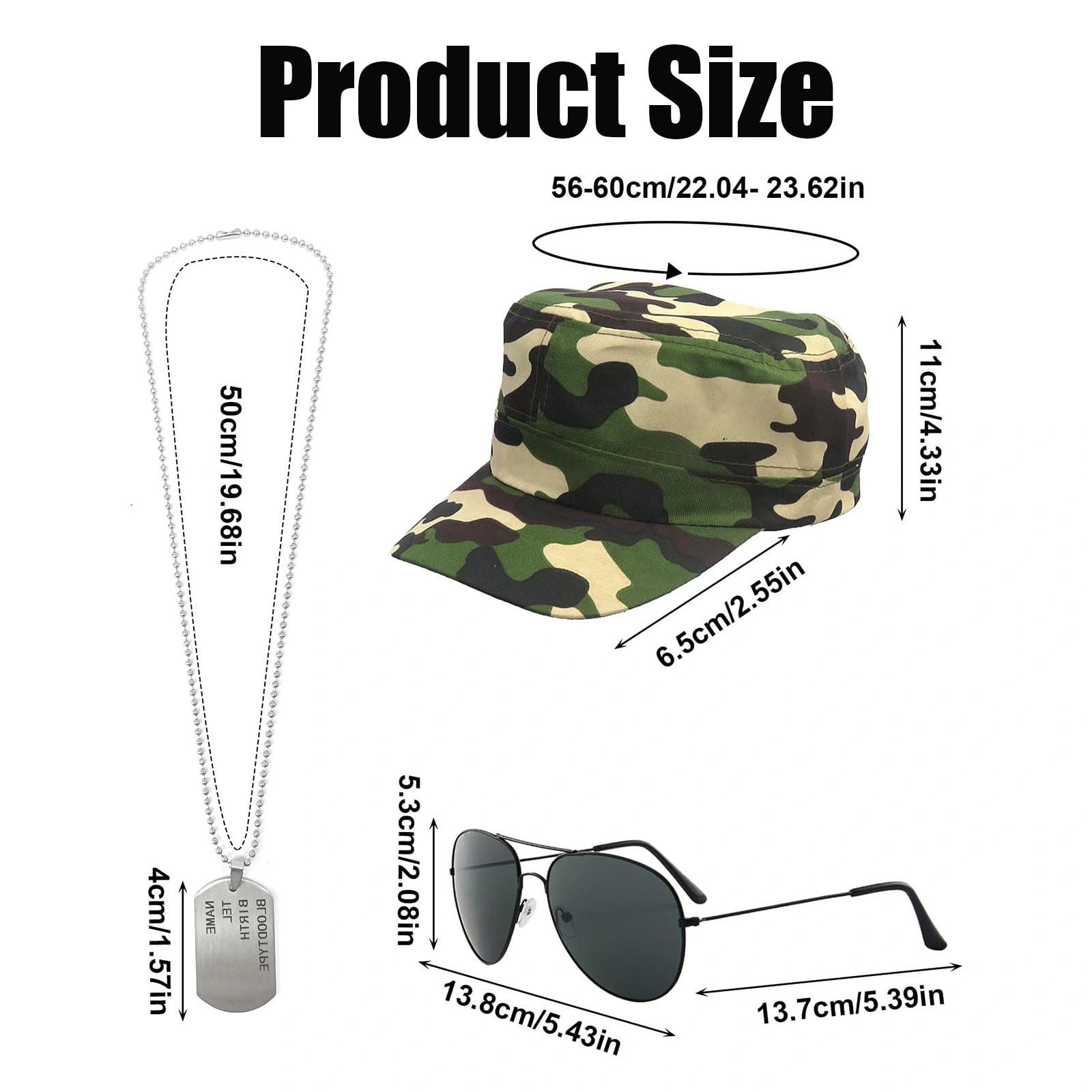 AYZDJ 3 PCS Army Costume Set for Adults Military Soldier Fancy Dress with Camo Hat, Aviator Sunglasses & Dog Tag Necklace - Image 2