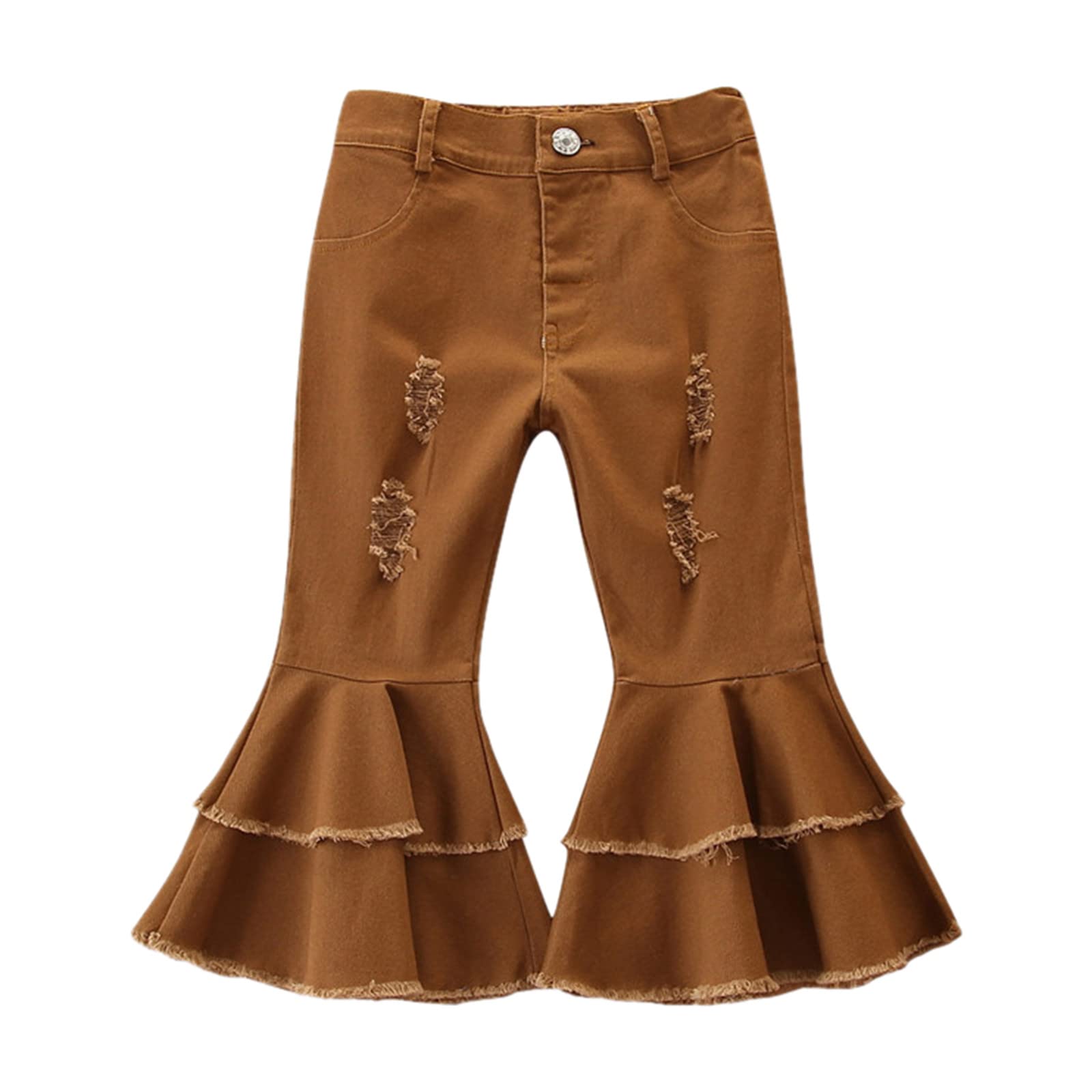 Toddler Baby Girls Bell Bottoms Ripped Jeans Kids Elastic Waist Flare Pants Solid Ruffle Leggings (Coffee, 3-4 Years)