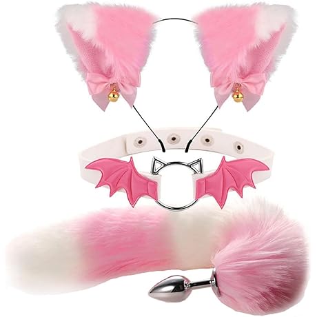 Cute Animal Cosplay Costume Furry Fox Tail Plug Ears Headband Bat Style Neck Collar Set