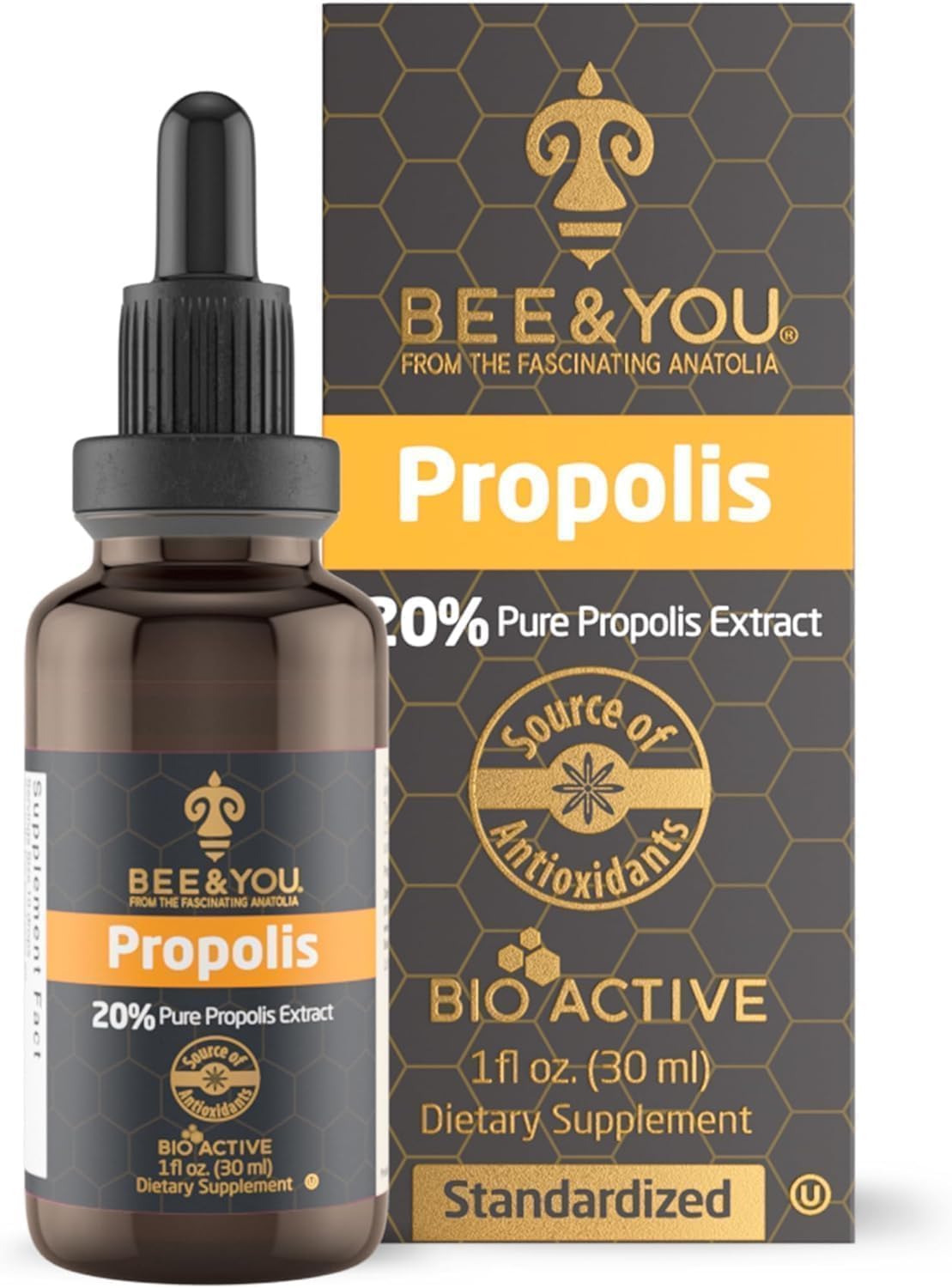BEE&You Propolis Liquid Extract Drops, 20% Propolis, 30ml, Immune Support, Sore Throat Relief, Allergy Relief, Respiratory Support, Antioxidants, Keto, Paleo, Gluten-Free