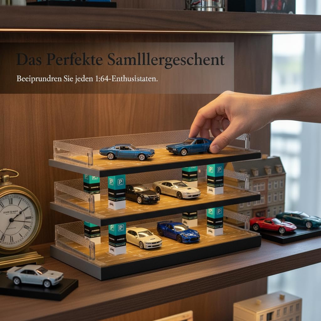 Garage per auto modellini 1:64, Diorama Parcheggio a 3 Livelli con Illuminazione LED, Vetrina Espositiva per Auto Diecast