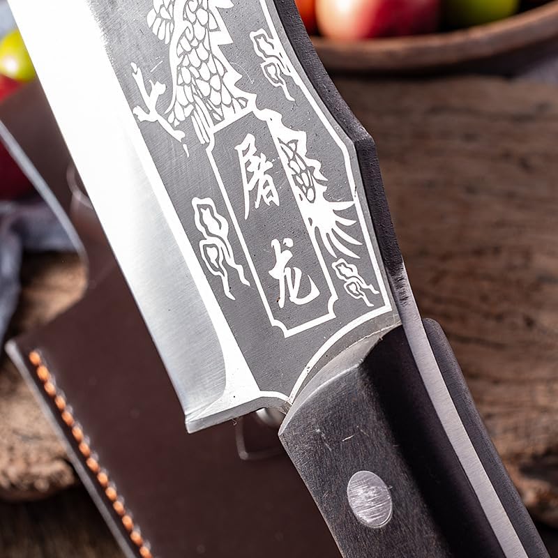 MAYIT Meat Cleaver Knife, 8 Inch Sharp Butcher Knife High Carbon Stainless Steel Dragon Pattern Cleaver Kitchen Chef's Knife Meat Cleaver With Sheath, MAYiT5475