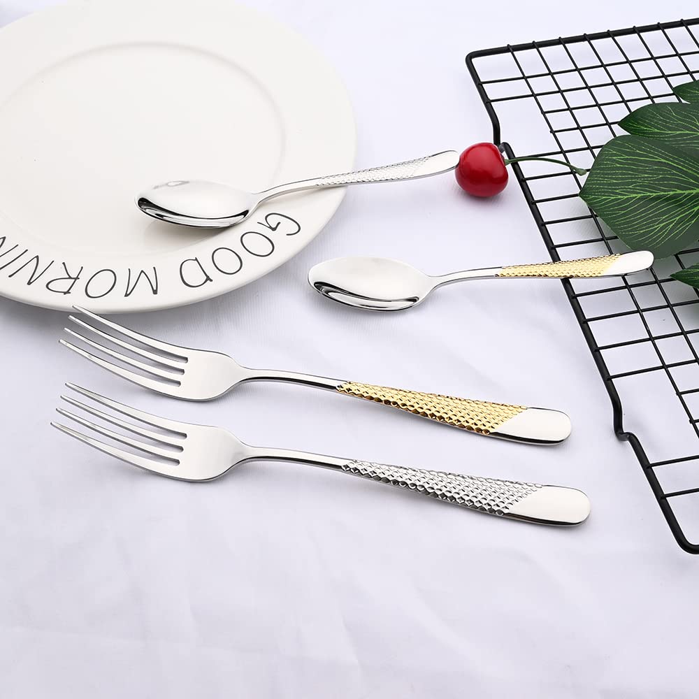 Ensemble de couverts en argenterie, ensemble vaisselle 24 pièces, acier inoxydable doré, dîner, couteau, fourchette, cuillère, lavable au lave-vaisselle