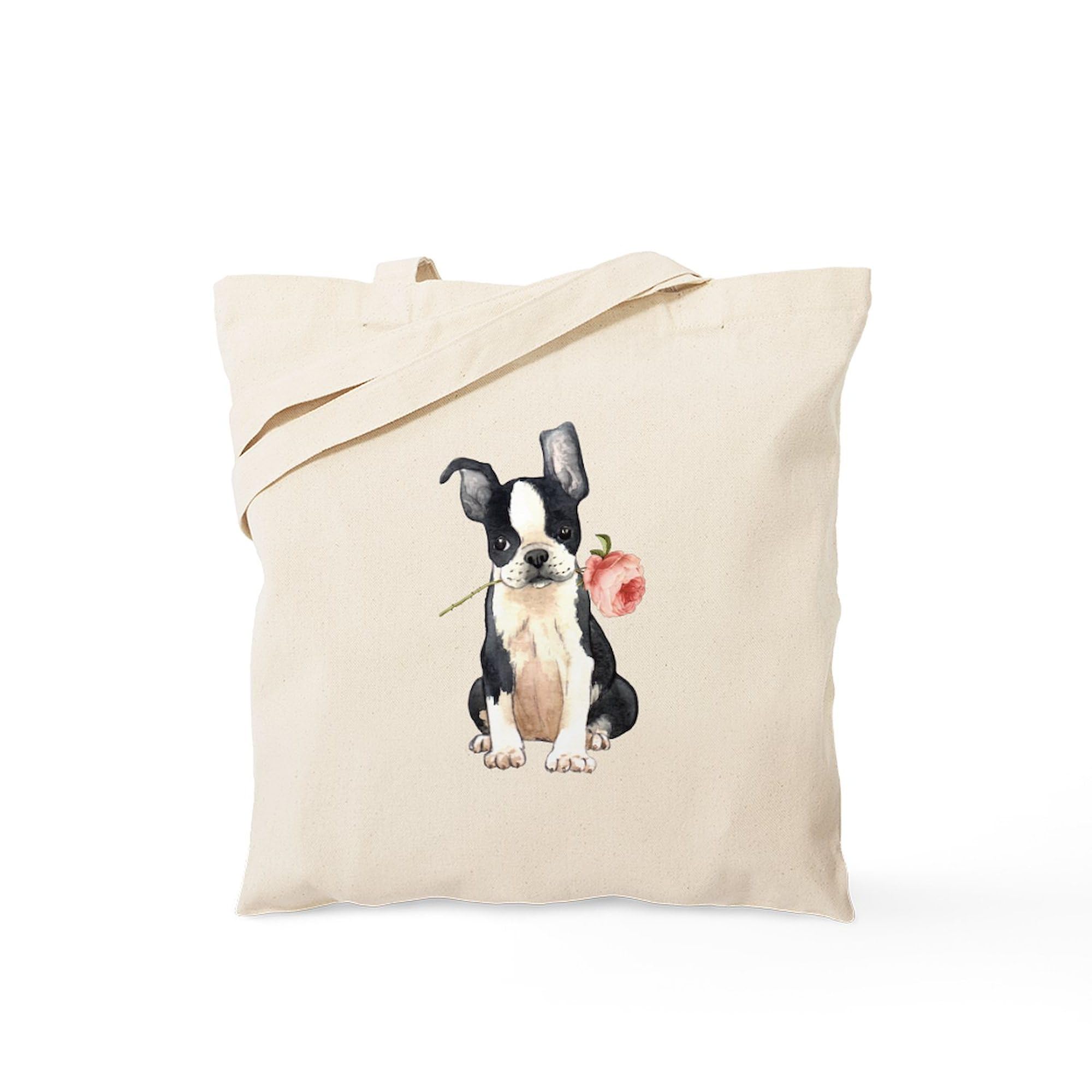 CafePress Boston Terrier Rose Tote Bag Reusable Natural Beige Canvas Shopping Bag