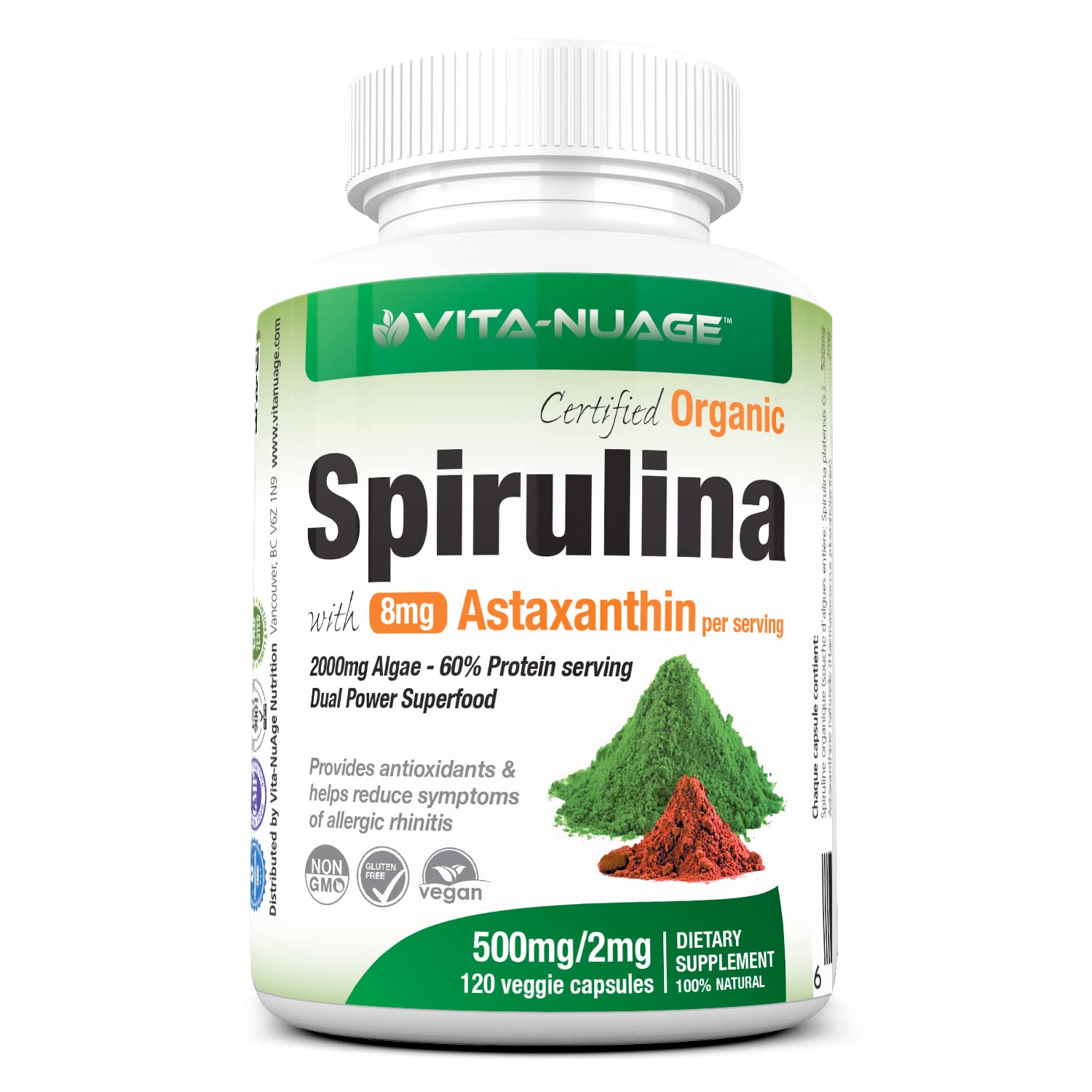 astaxanthin spirulina l carnitine Vita-Nuage Organic Spirulina with Astaxanthin | 500mg 60% Protein | 120  Count | Vegan, Non-GMO, Non-Irradiated