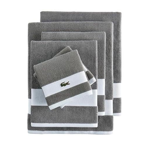 Lacoste Sport Stripe Cotton 6-teiliges Luxus-Handtuch-Set, 2 Badetücher, 2 Handtücher, 2 Waschlappen, Meteorit