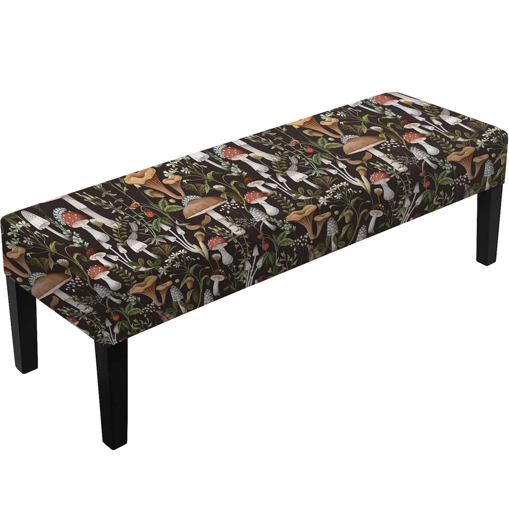 FADALO Boho Mushroom Bench Cover,Vintage Rectangle Stretch Dining Bench Cover Anti-Dust Removable Farmhouse Seat Protector for Living Room,Bedroom,Kitchen,Brown/Black/Green