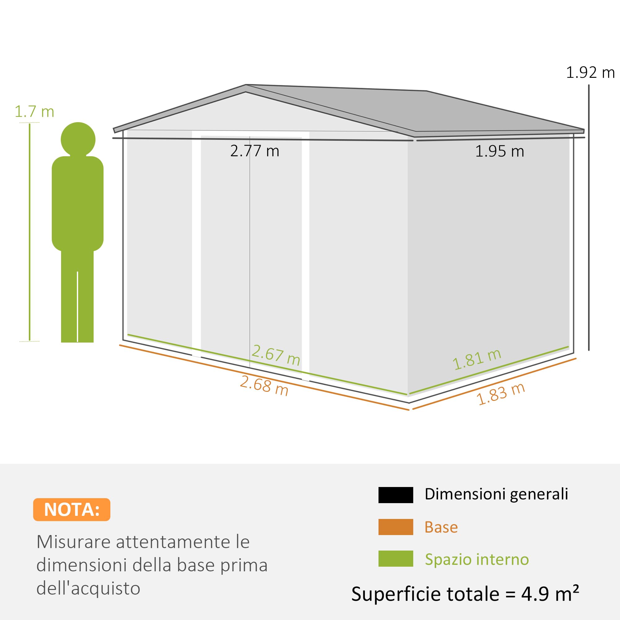 Outsunny Casetta da Giardino 4.9 m² Lamiera d'Acciaio 277x195x192 cm Verde Scuro