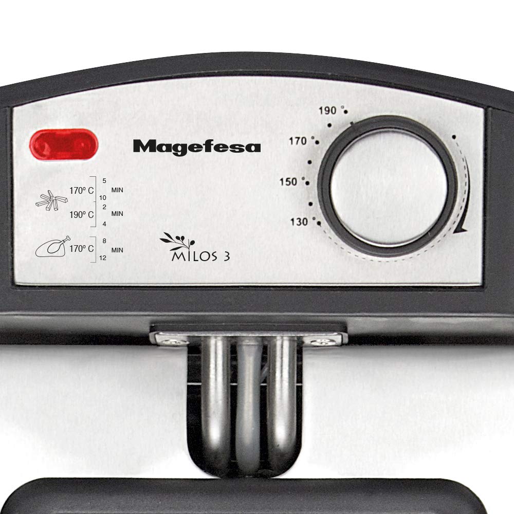 Magefesa Milos 3 - Freidora Eléctrica 3L, 2000W, Acero Inoxidable, Selector de Temperatura, Asas Plegables, Asas Exteriores, Cesto Plegable