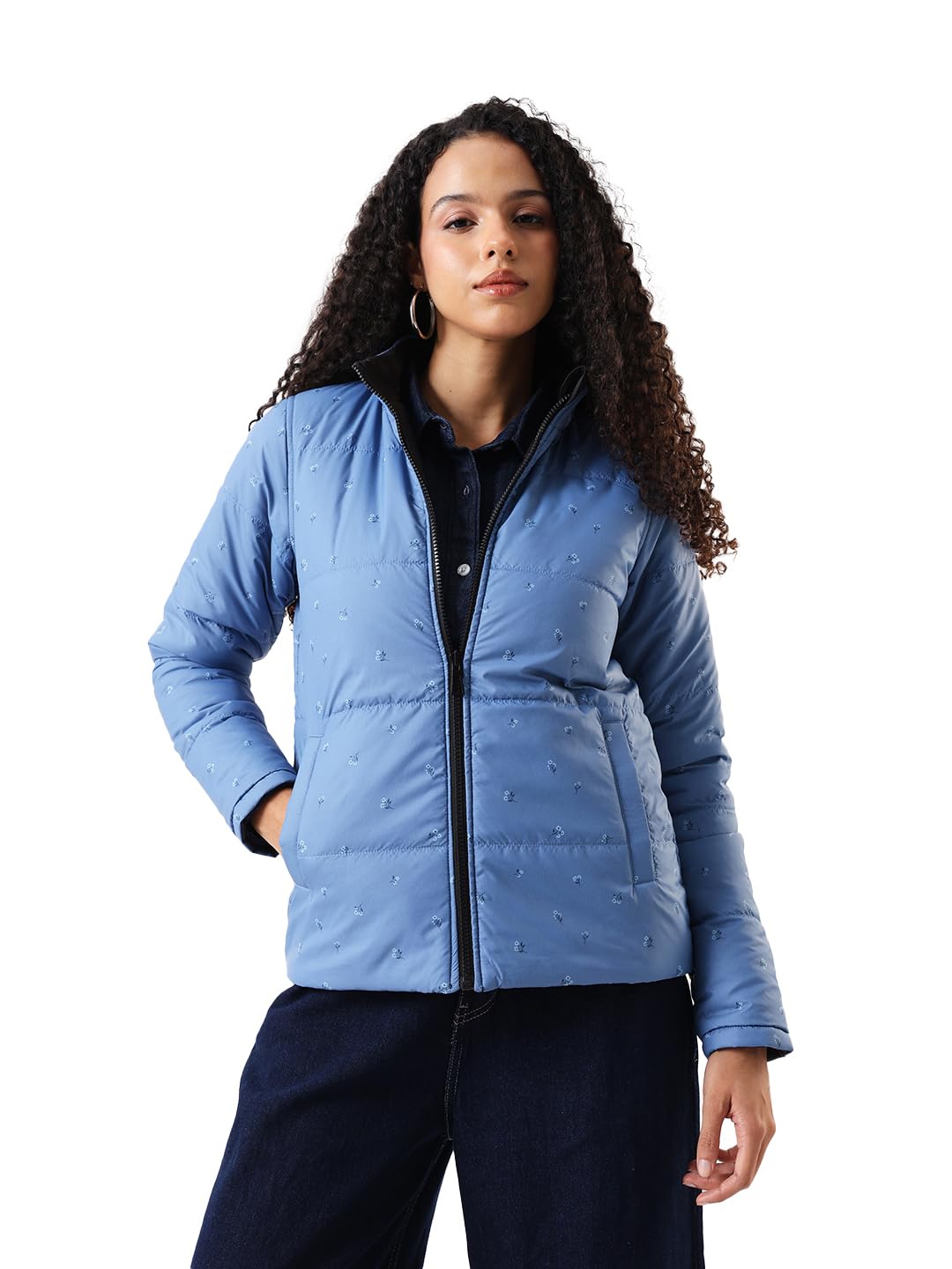 Printed Mock Collar Reversible Puffer Jacket-image-41