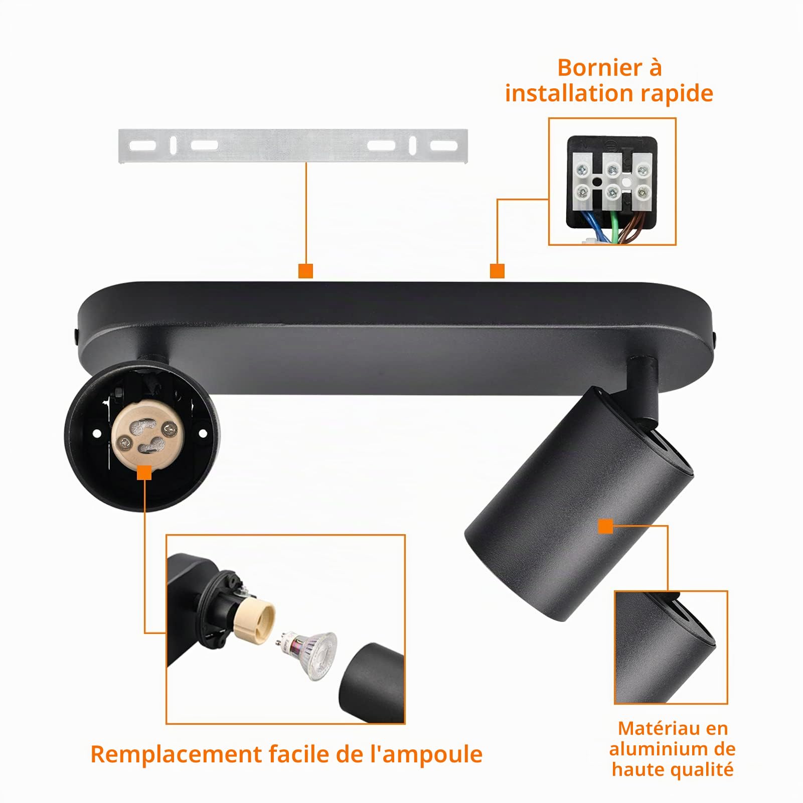 KYOTECH Plafonnier LED 2 Spots Orientables 2 GU10 Spots de plafond Pivotants & Orientables,Applique murale LED Noir mat,livré sans ampoules