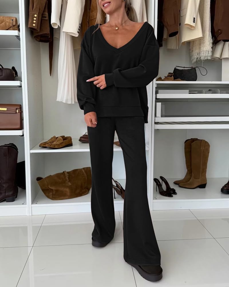 Women 2 Pieces Outfit Deep V Neck Pullover Sweatshirt with Casual Drawstring Wide Leg Pants Lounge Set Fall Clothes - Image 4