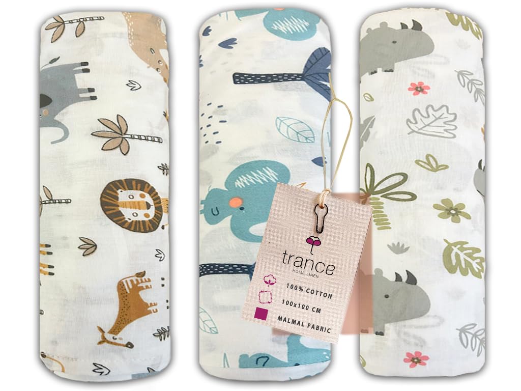 TRANCE Home Linen Super Ultra Soft 100% Cotton Malmal Baby Swaddle Light Soft fabirc Baby Wrap for New Born Babies Essential | New Born Receiving Blankets Swaddles (100x100 Cm, Baby Pug Set 3)