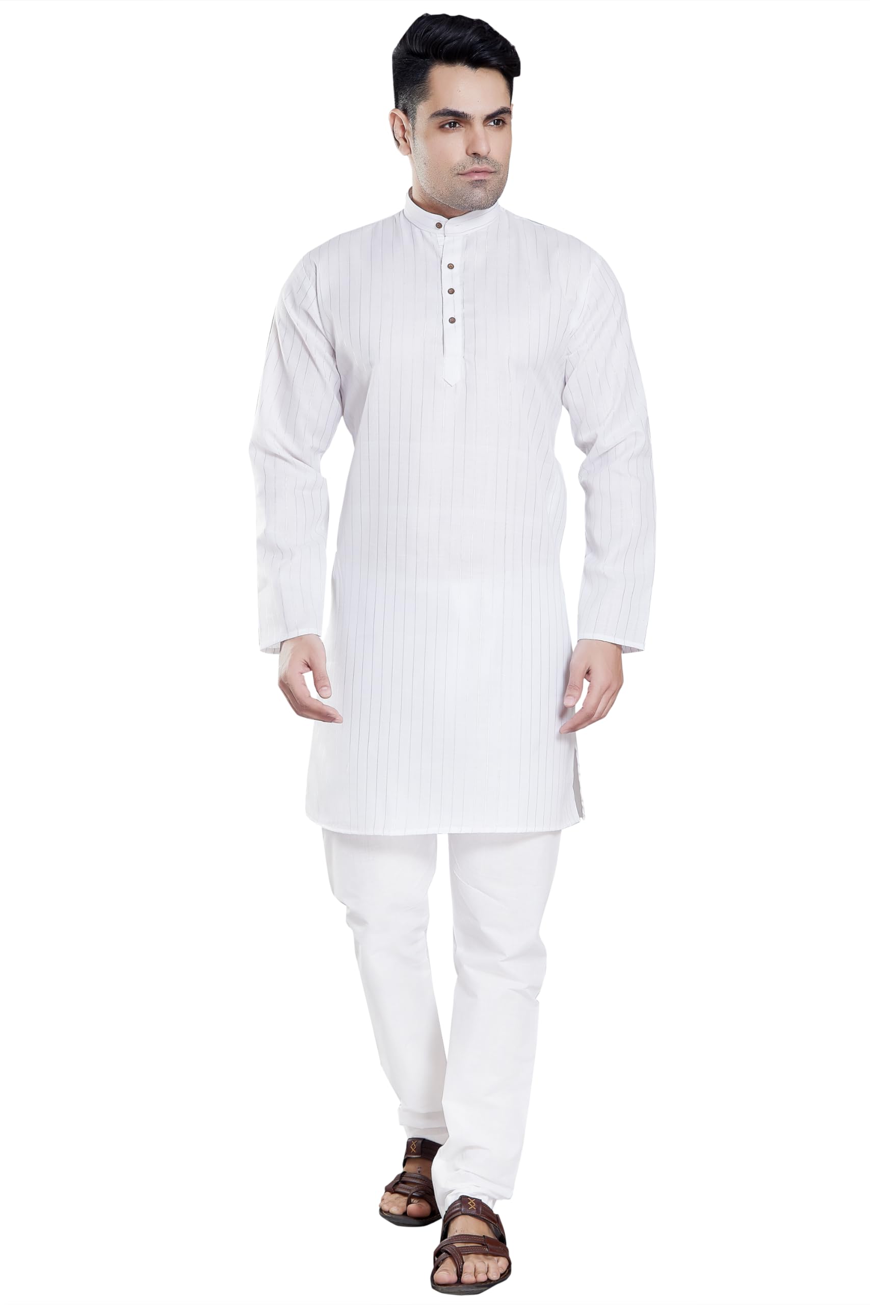 Divisive Men's Self Zari Line Cotton Blend Slim Fit Kurta Pyjama Set (Dkrt81_L_White)
