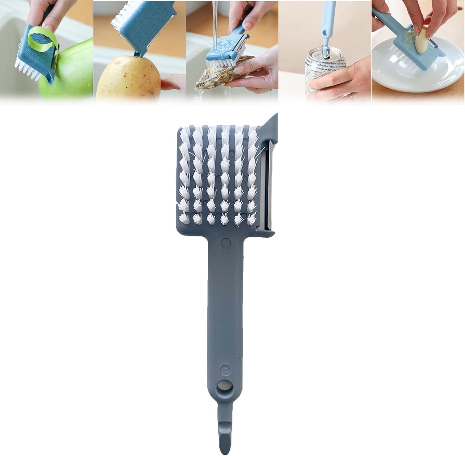 Fafour Grey Multipurpose Peeler Brush, 5 In 1 Vegetable Peeler With Brush, Stainless Steel Potato Peelers, Multifunctional Vegetable Peeler With Long Handle For Potatoes Carrots Fruit Kitchen Tools (Grey)