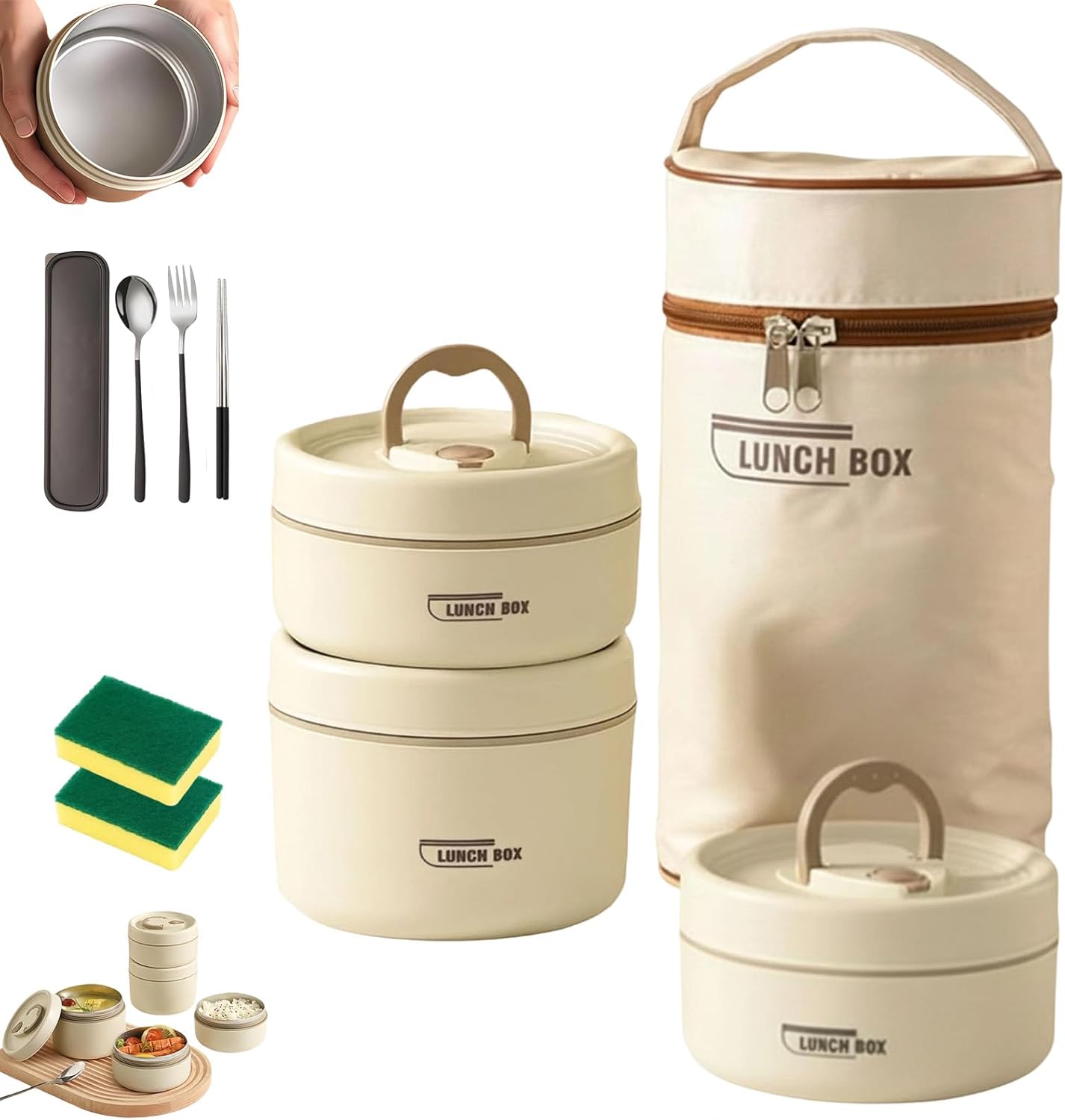 4 Tier Portable Insulated Lunch Container Set, Separate Stackable Stainless Steel Bento Box with Thermal Bag, Microwave Safe Leakproof Thermal Food Container for Work Picnics Camping (3pcs-Beige)