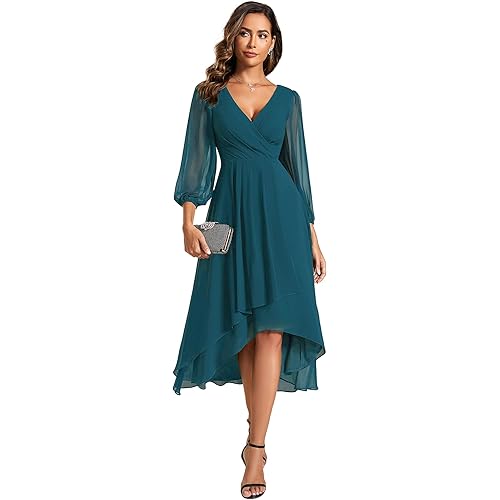 Ever-Pretty Women's Chiffon V Neck Long Sleeves Pleated A-Line Midi Length Wedding Guest Dress 01926