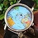 Unisex Retro Bronze Case Global Travel by Plane World Map PU Leather Band Quartz Watch (Black)