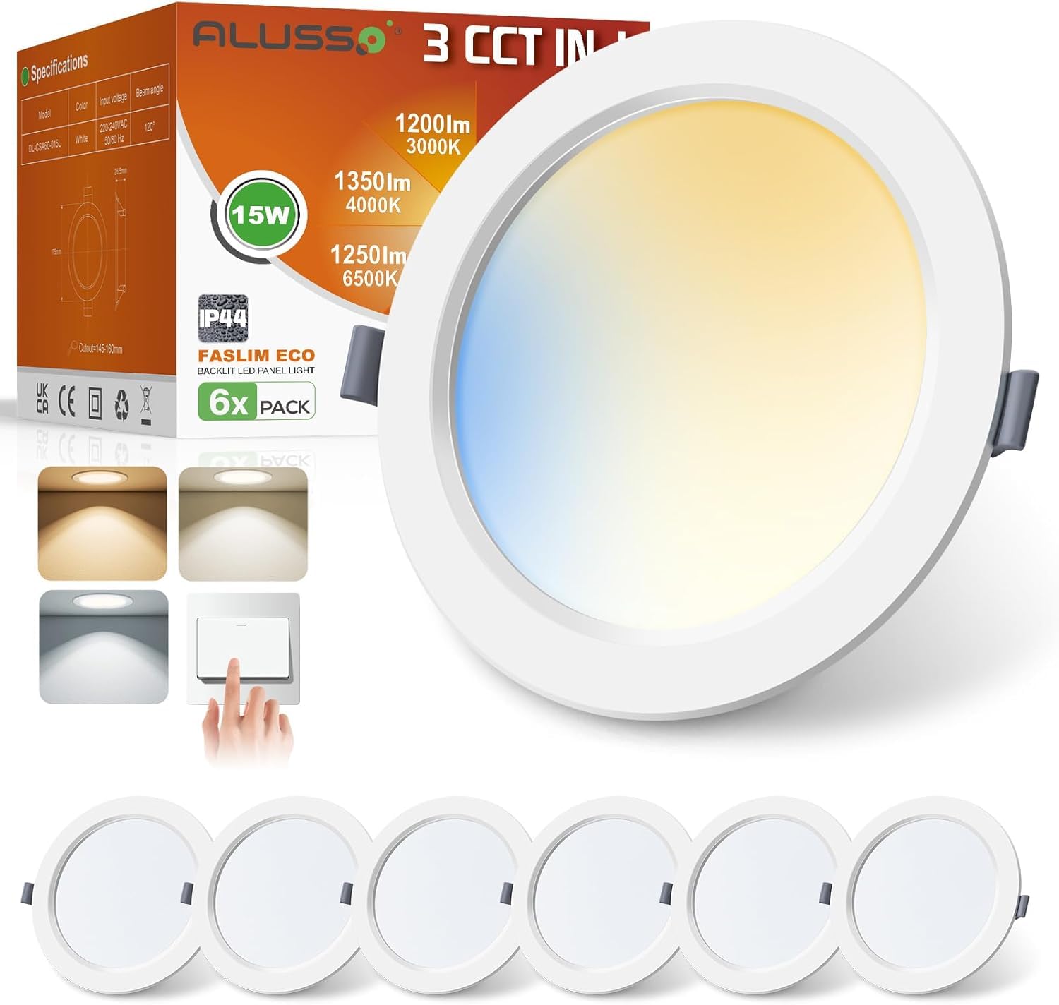 ALUSSO® 15W 1350LM LED Einbaustrahler 230V Ultra Flach LED Spots Badezimmer, 3CCT Warmweiß 3000K Neutralweiß 4000K Kaltweiß 6500K Deckenspots IP44 Einbauleuchten für Wohnzimmer Küche, 6er Set
