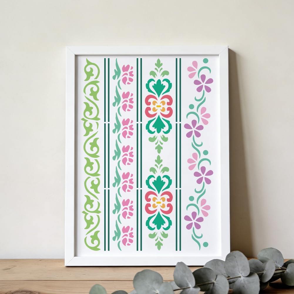 FINGERINSPIRE Border Edge Corner Stencil with Paintbrush 11.7x8.3 inch Flower Border Stencil Reusable Art Floral Lace Stencils for Painting on Canvas Paper Furniture DIY Crafts Home Decor