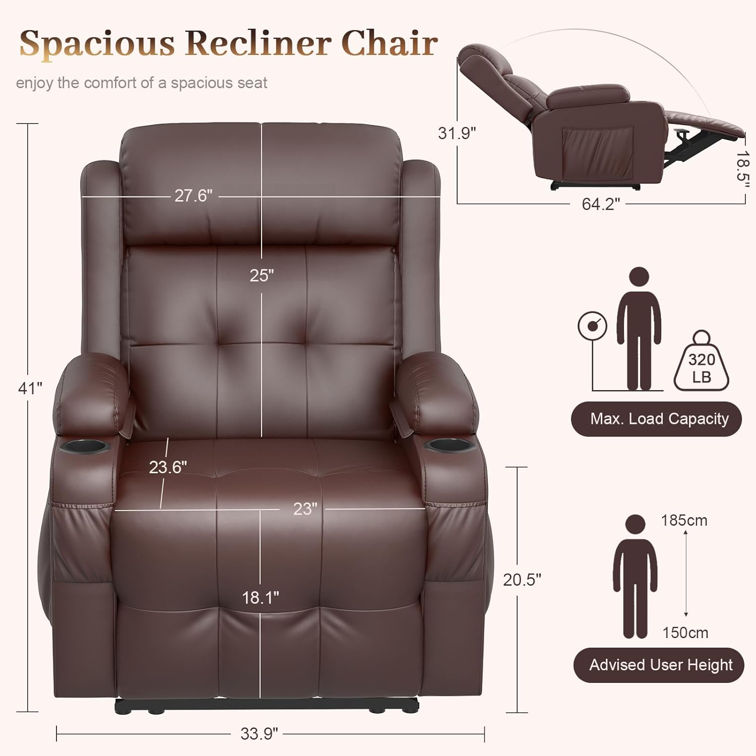 Extra Wide Seat Recliner Chair with Heat and Back Massage, Electric Power Oversized Reclining Chair Infinite Position with Storage Armrests & 2 Cup Holders for Living Room, Manual Recliners