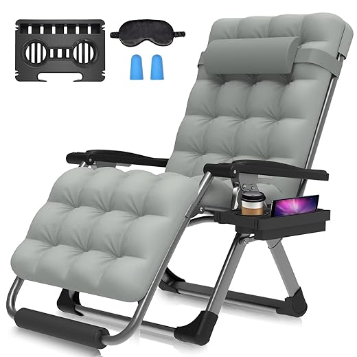 Suteck Zero Gravity Chair, 29In XL Reclining Lounge Chair w/Removable Cushion & Headrest, Upgraded Aluminum Alloy Lock, Cup Holder and Footrest Patio Reclining Chair for Indoor Outdoor, 500lbs,Gray