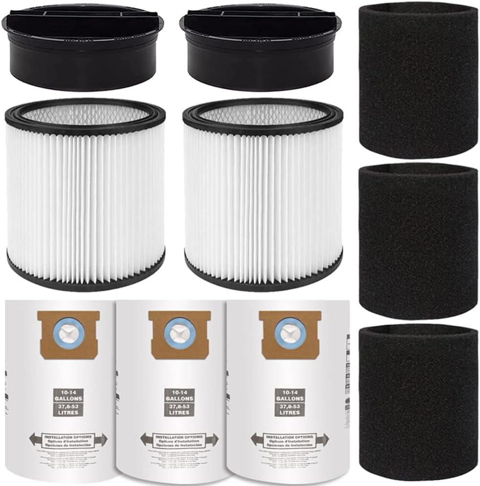 Replacement Filters for Shop Vac Filter 90304 90333 90350 Wet Dry Vac Filter with Lid, 3Pcs 90585 Foam Sleeve Filter and 3 Pcs 10-14 Gallon Filter Dust Bags Compatible with Shop Vac 10-14 Gallon
