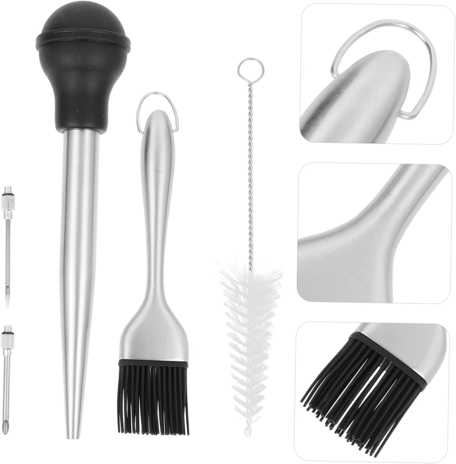 Mikinona 1 Set Stainless Steel Turkey Baster Injector Kit for Flavorful Meat Seasoning for Thanksgiving Christmas and Daily Cooking Includes Cleaning Brush