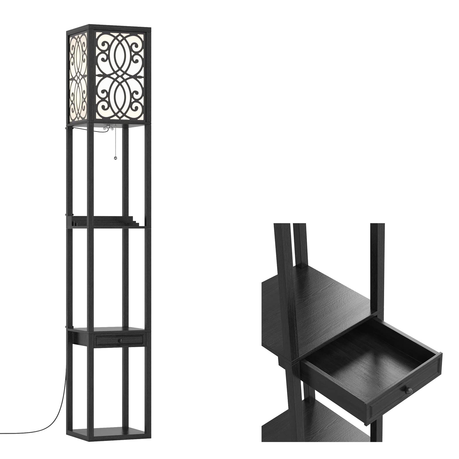 GOPLUS Lámpara de Pie con 3 Estantes Abiertos y Cajón, 2 Puertos USB, E27, Moderna para Salón, Dormitorio, Oficina, Negro, 26x26x160,5cm