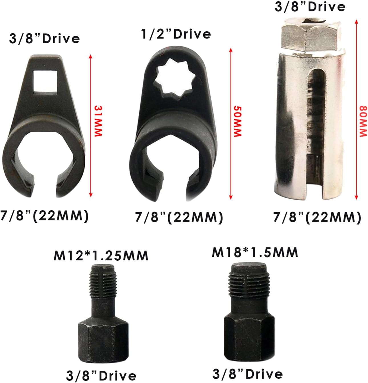 Maxfavor 5PCS 3/8" 1/2" 22mm 1.5mm 1.25mm Oxygen Sensor Socket & Thread Chaser Set Wrench