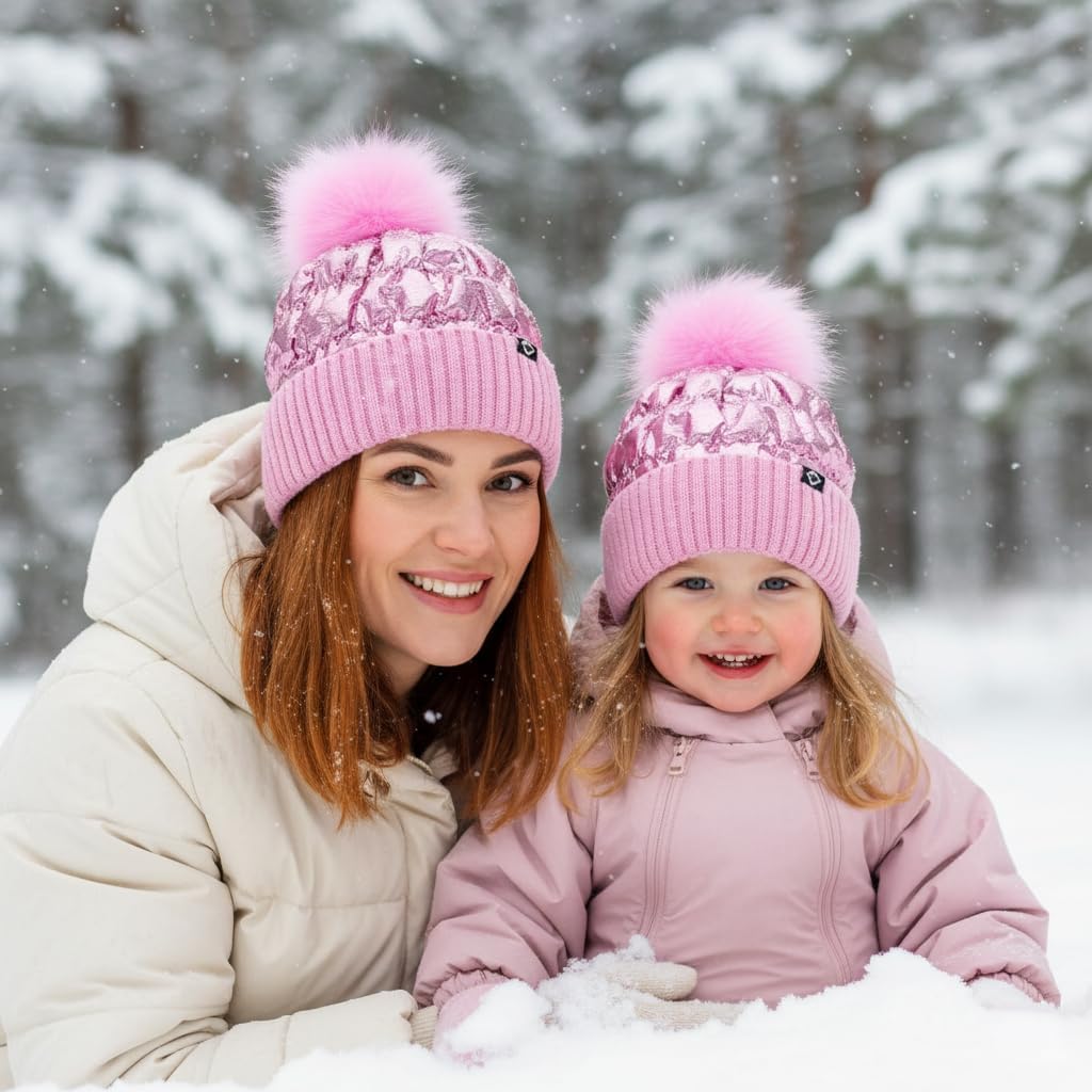 Funky Junque Mommy & Me Matching Pom Beanie Set - Women Kids Family Knit Adult/Infant - Cable Knit