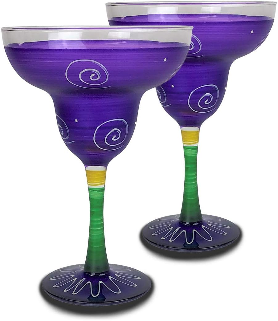 Hand Painted Margarita Glasses Set of 2 - Peruvian Splendor Purple Collection - Hand Painted Glassware by USA Artists - Unique and Decorative Margarita Glasses, Kitchen Table Décor