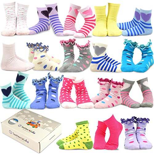 TeeHee Little Girls and Toddler Cute Novelty and Fashion Cotton Crew Socks 18 Pair Pack Gift Box (9-10 Years,)