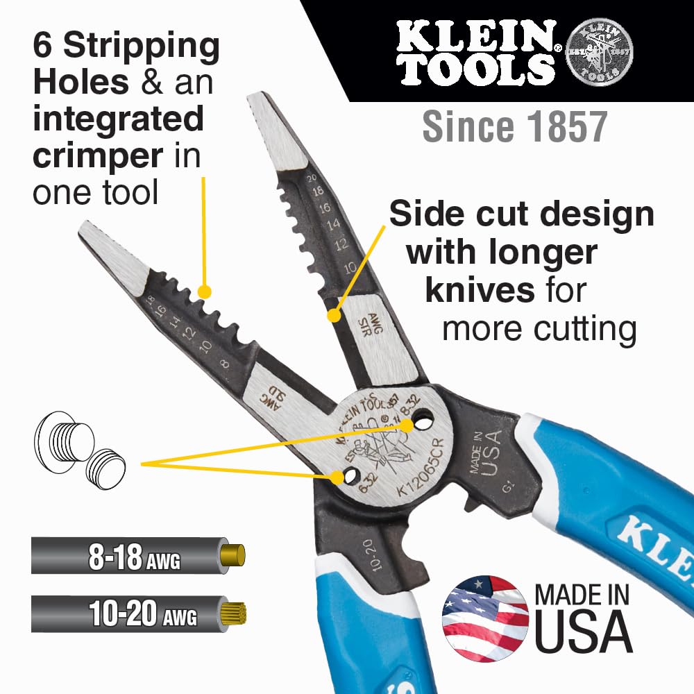 Klein Tools K12065CR narzędzie do ściągania izolacji/obcinarki, do cięcia, ściągania, zaciskania, skręcania (8-18 AWG solidne, 10-20 AWG)