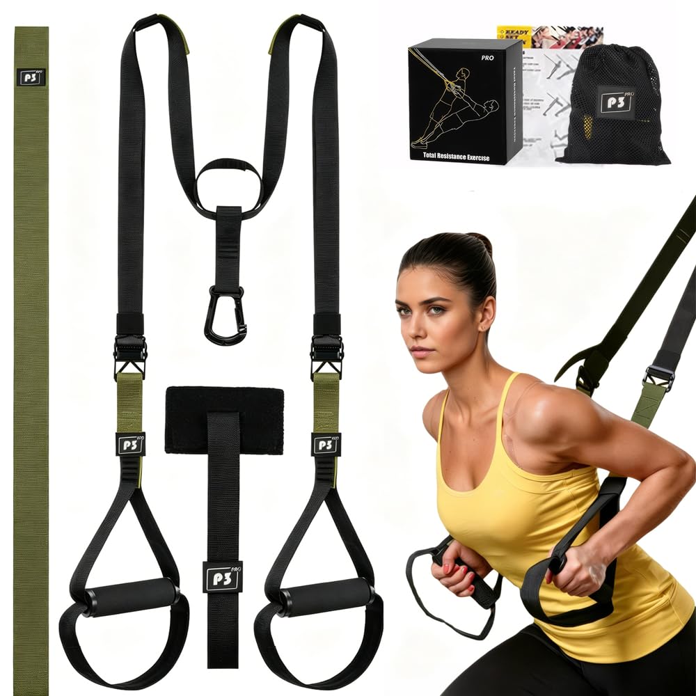 Trx Suspension Trainer Home,Adjustable Trx Bands,Sling Trainer Set Suitable for Indoor & Outdoor Workout,Gym Equipment for Home with Door Anchor,Attachment Carry Bag,Exercise Instructions (Green)