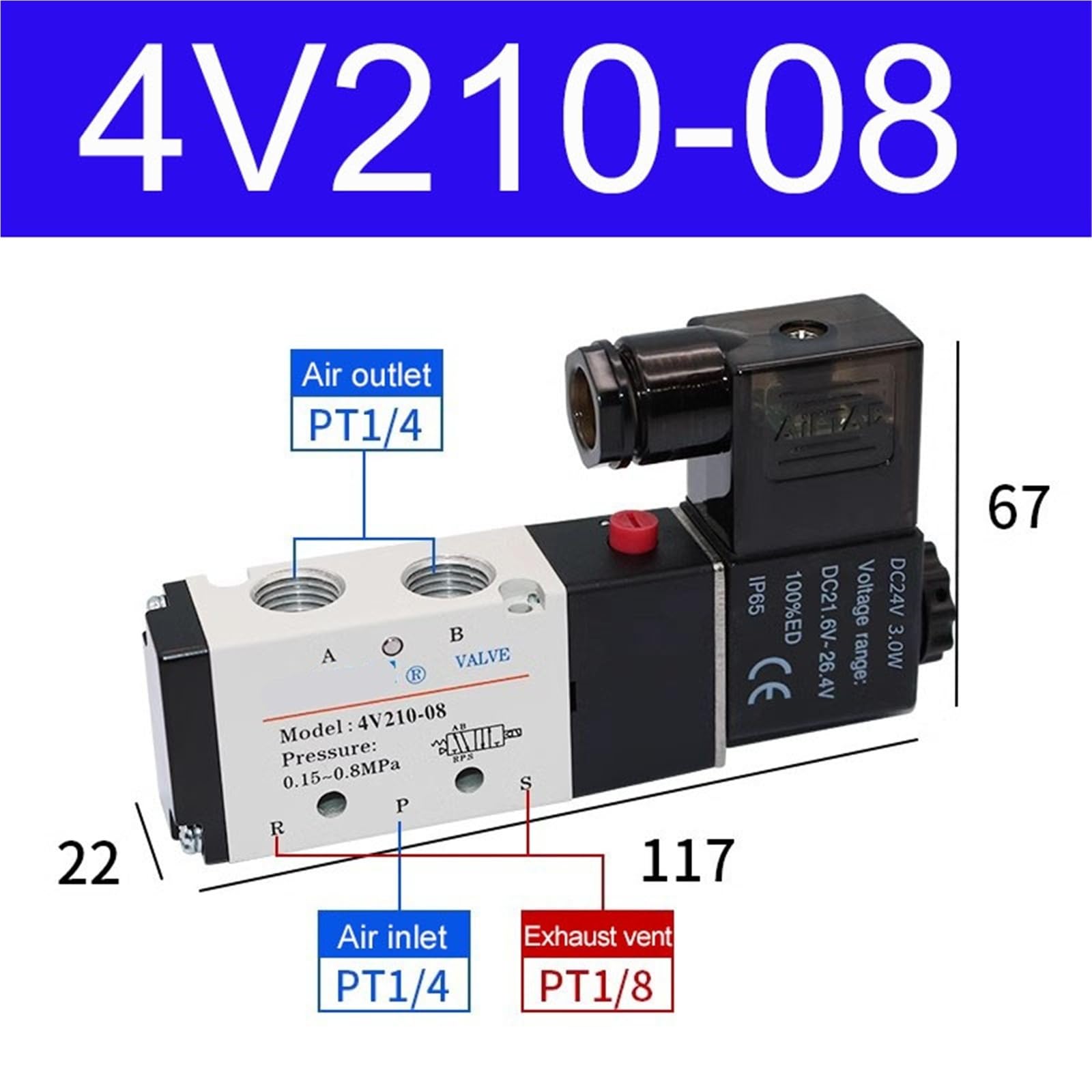 Electroválvula neumática de 5/2 vías 4V110-06, 4V210-08, 4V310-10, 4V410-15, 12 V, 24 V, 110 V y 220 V, válvula de control de dirección(4V210-08,AC220V)