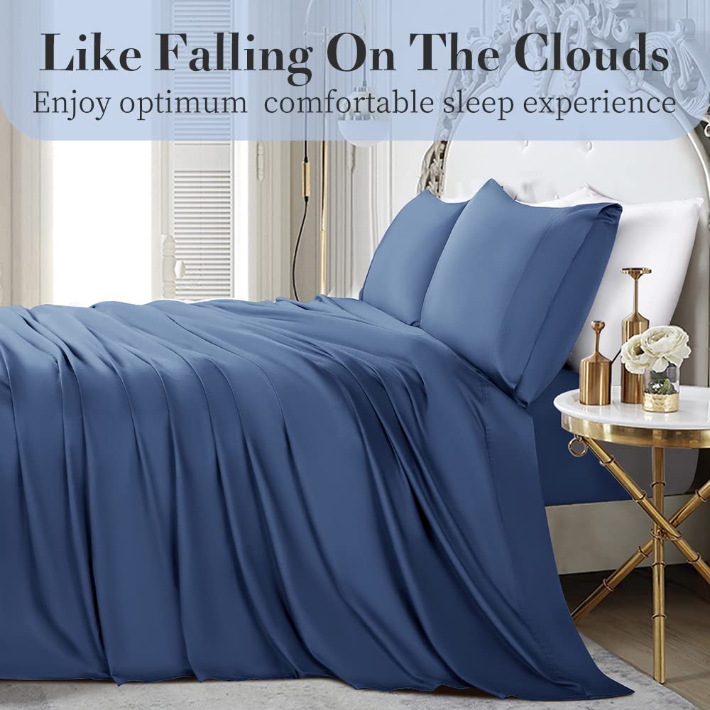 Shilucheng 100% Cotton Queen Size Sheets Set - 1000 Thread Countï¼ŒLuxury Egyptian Cotton Bed Sheets Breathable & Smooth Hotel Sheets, 16 Inch Deep Pocket - 4 Piece (Queen, Navy Blue)