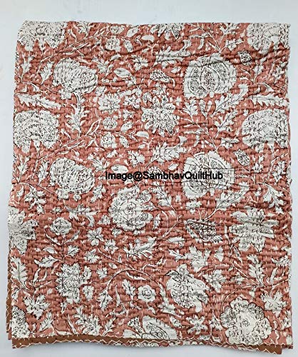 Sambhav Quilt Hub Indian Handblock Floral Print Handmade Cotton Kantha Quilting Boho Bedding Throw Blanket Hippie Queen/King Size Bohemian Block