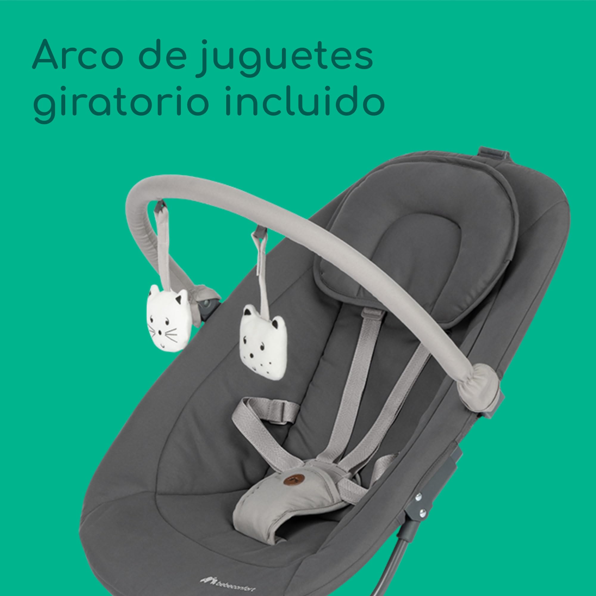 Bebeconfort Jolana, Hamaca Bebé Eléctrica, 0-6 M (9 kg), Detección Automática Movimiento, 12 Canciones Calmantes, 5 Sonidos Naturaleza, Cojines, Respaldo Ajustable, 2 Posiciones, Tinted Graphite
