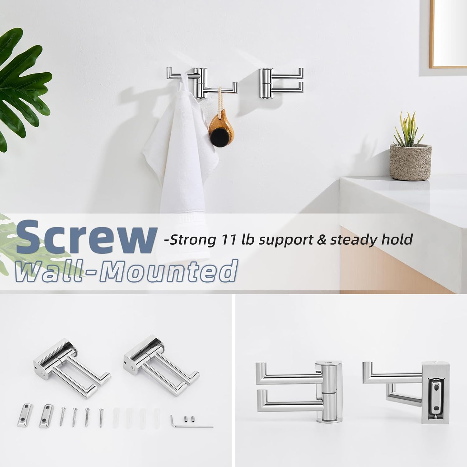 Aomasi Polished Chrome Swivel Towel Hooks 2 Pack, 304 Stainless Steel Wall Mounted Foldable Double Coat Hooks, Max 11lbs Heavy Duty Bathroom Hand Towel Holders