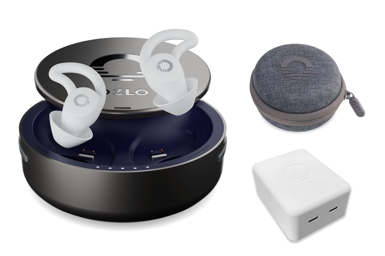Ozlo Sleepbuds Travel Case and USB-C Charging Block Bundle Noise-Masking Sleep Earbuds Hard Shell Case Side Sleeper Headphones