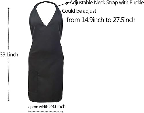 Miniatura 7 de Delantal de cocina unisex negro con cuello en V, correas ajustables para el cuello, duradero, para barbacoa, cocina, delantales con bolsillos