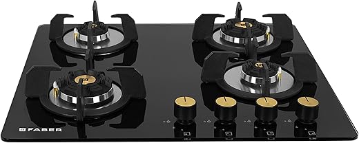Faber Hob/Hobtop 4 Brass Burner Auto Electric Ignition Glass and Mild Steel Top (Maxus HT604 CRS BR CI AI) Black